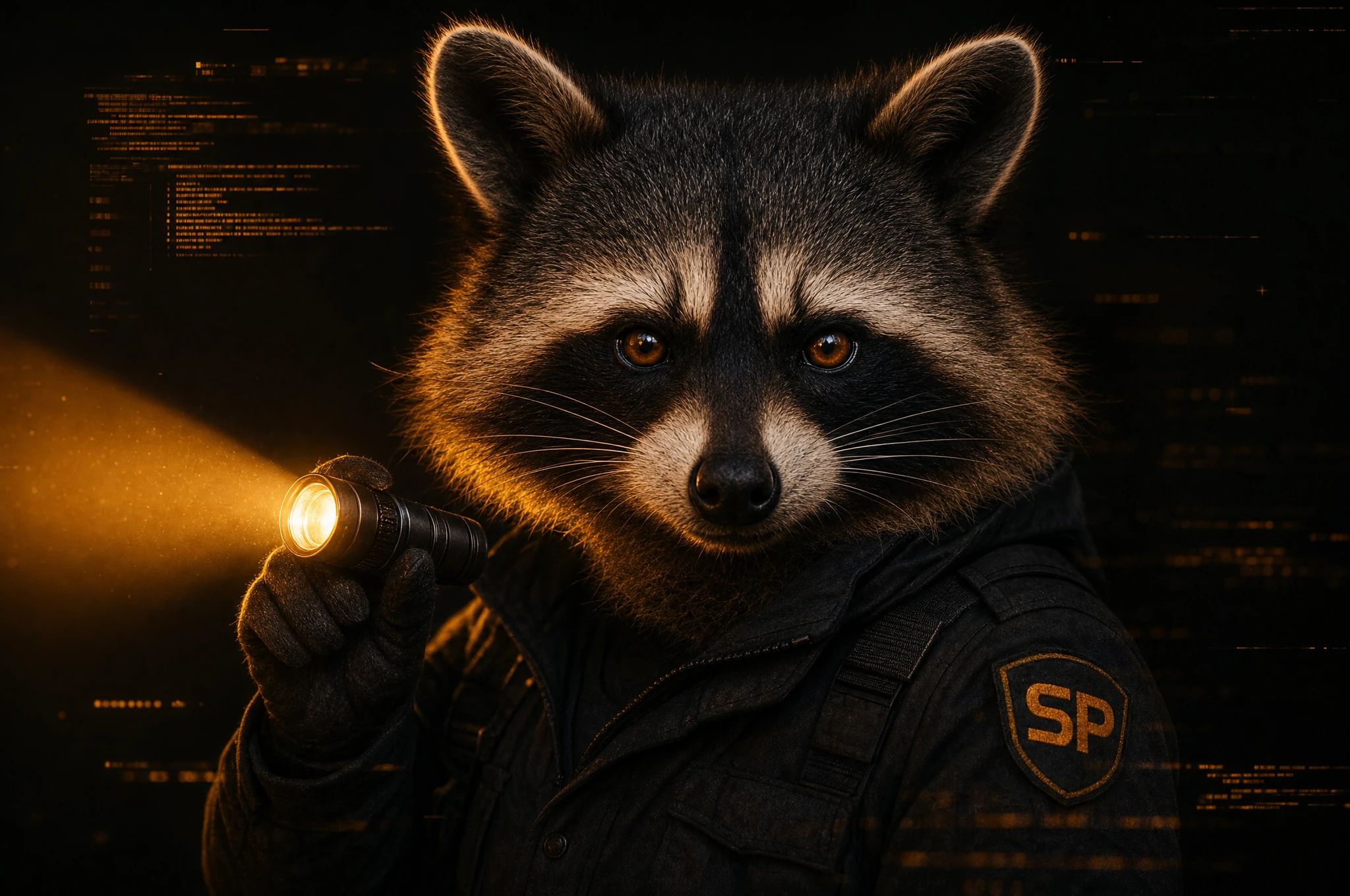 Patch, the ShipPatrol raccoon, shining an amber torch